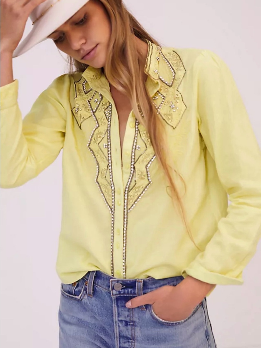 Anthropologie Neon Yellow Beaded Embroidered Button-Up Blouse